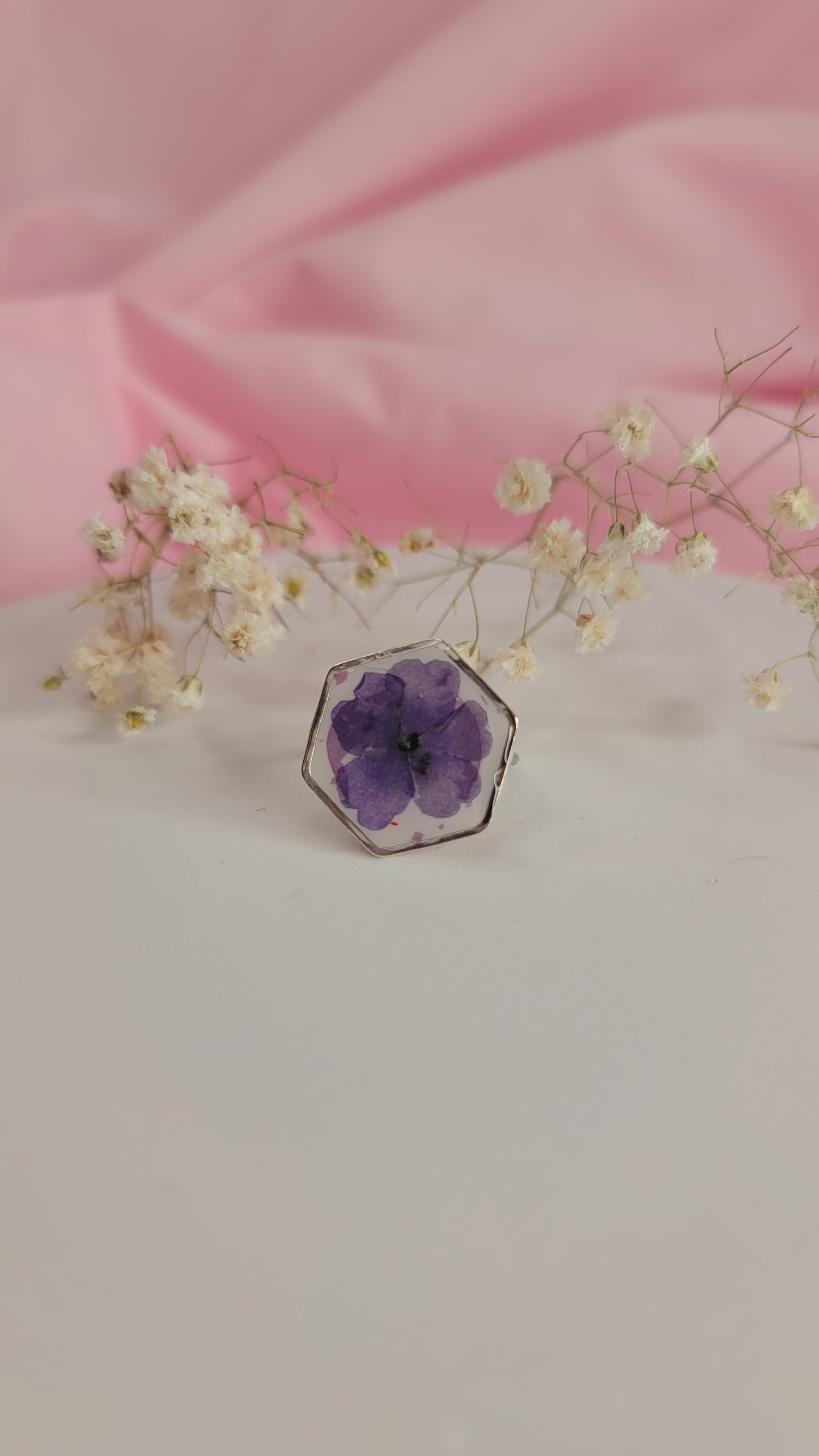 Violet Petal Hexagon Resin Ring Silver