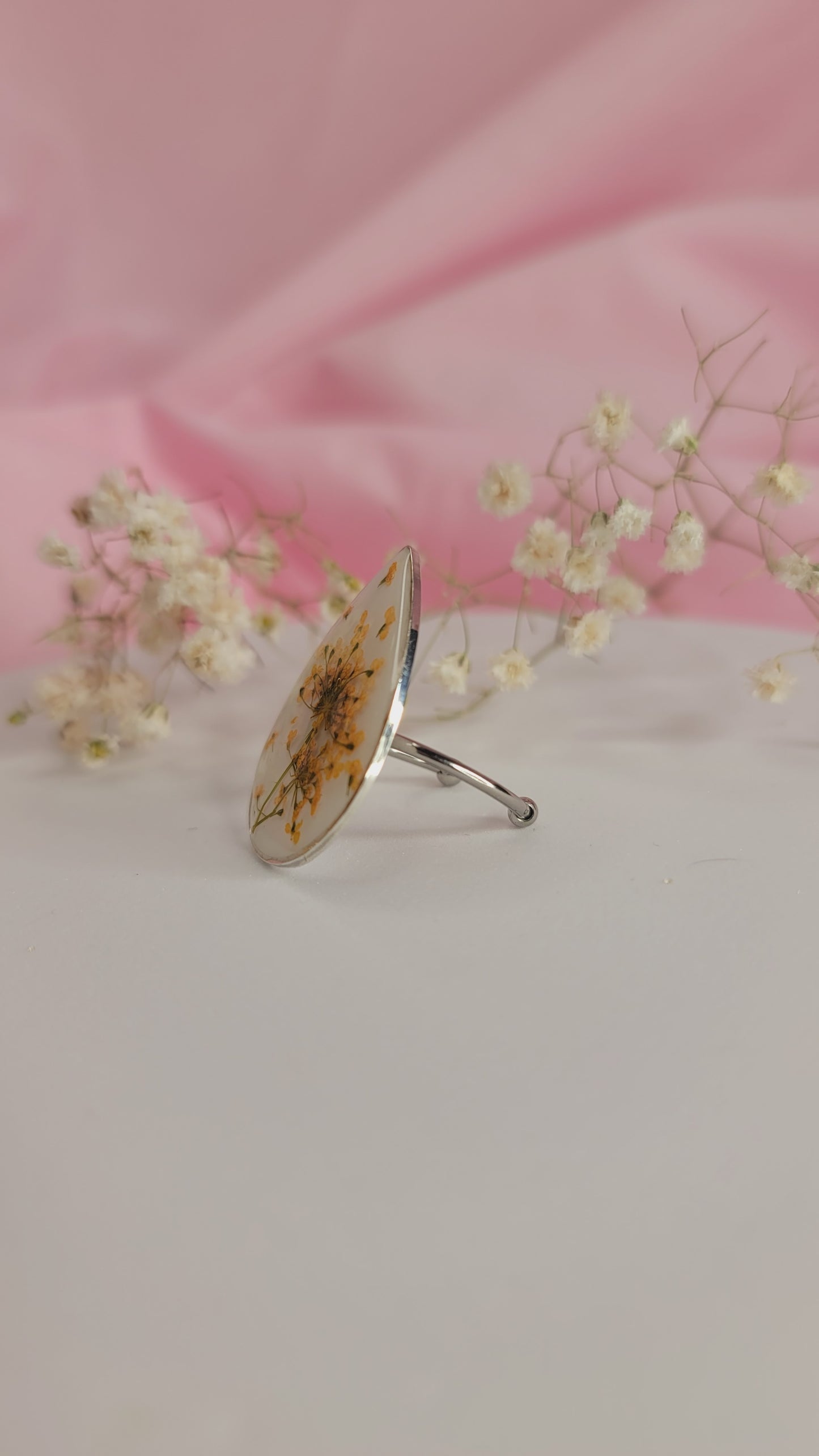 Golden Wildflower Teardrop Resin Ring Silver