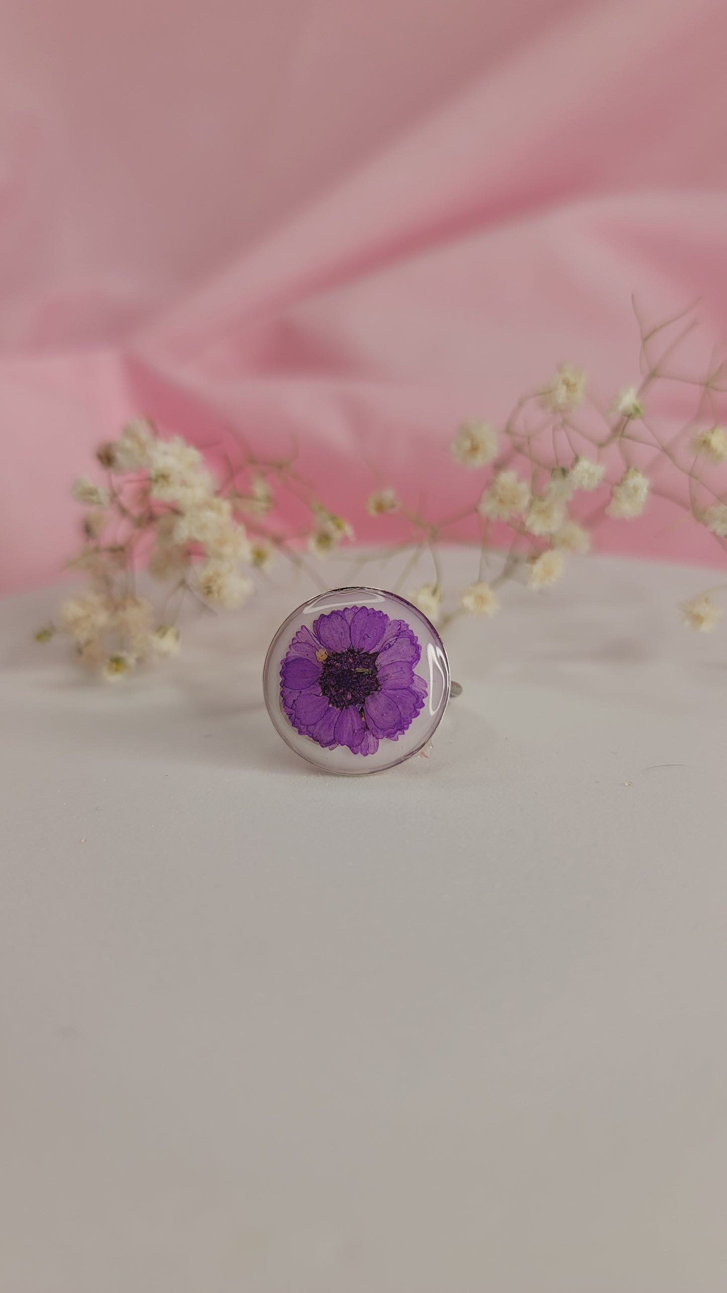 Purple Daisy Round Resin Ring Silver