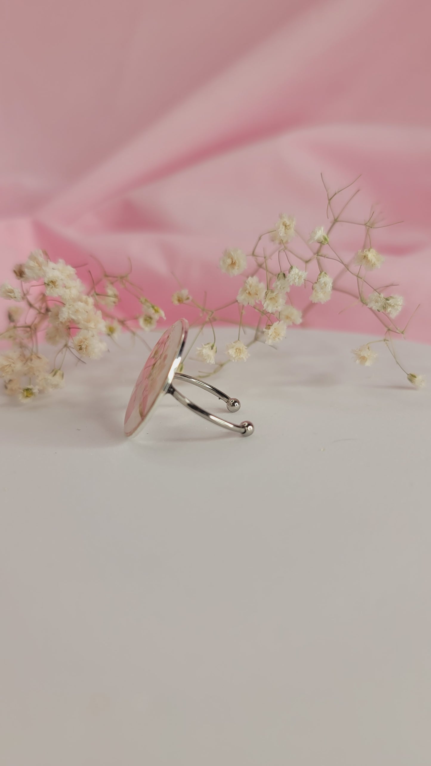 Pink Blossom Round Resin Ring Silver