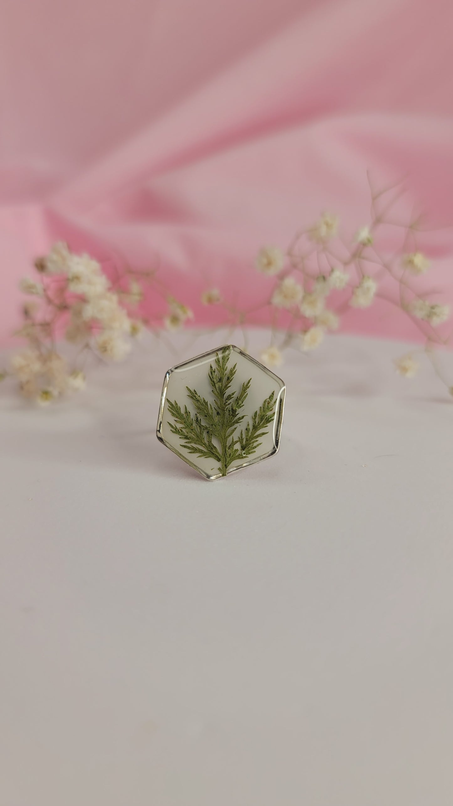 Evergreen Fern Hexagon Resin Ring Silver