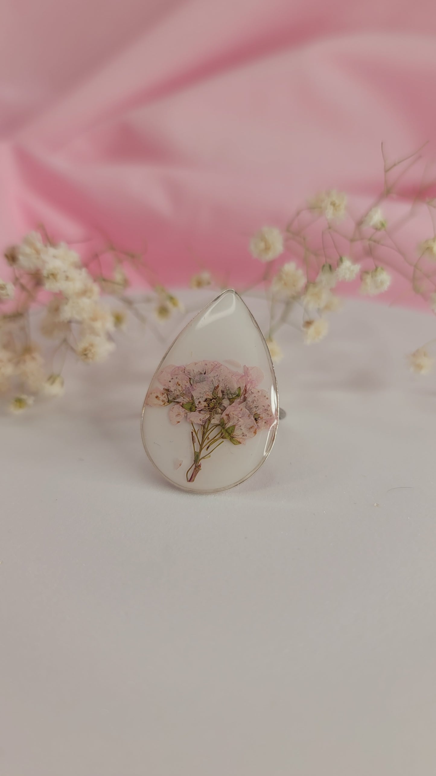 Blush Baby's Breath Teardrop Resin Ring Silver
