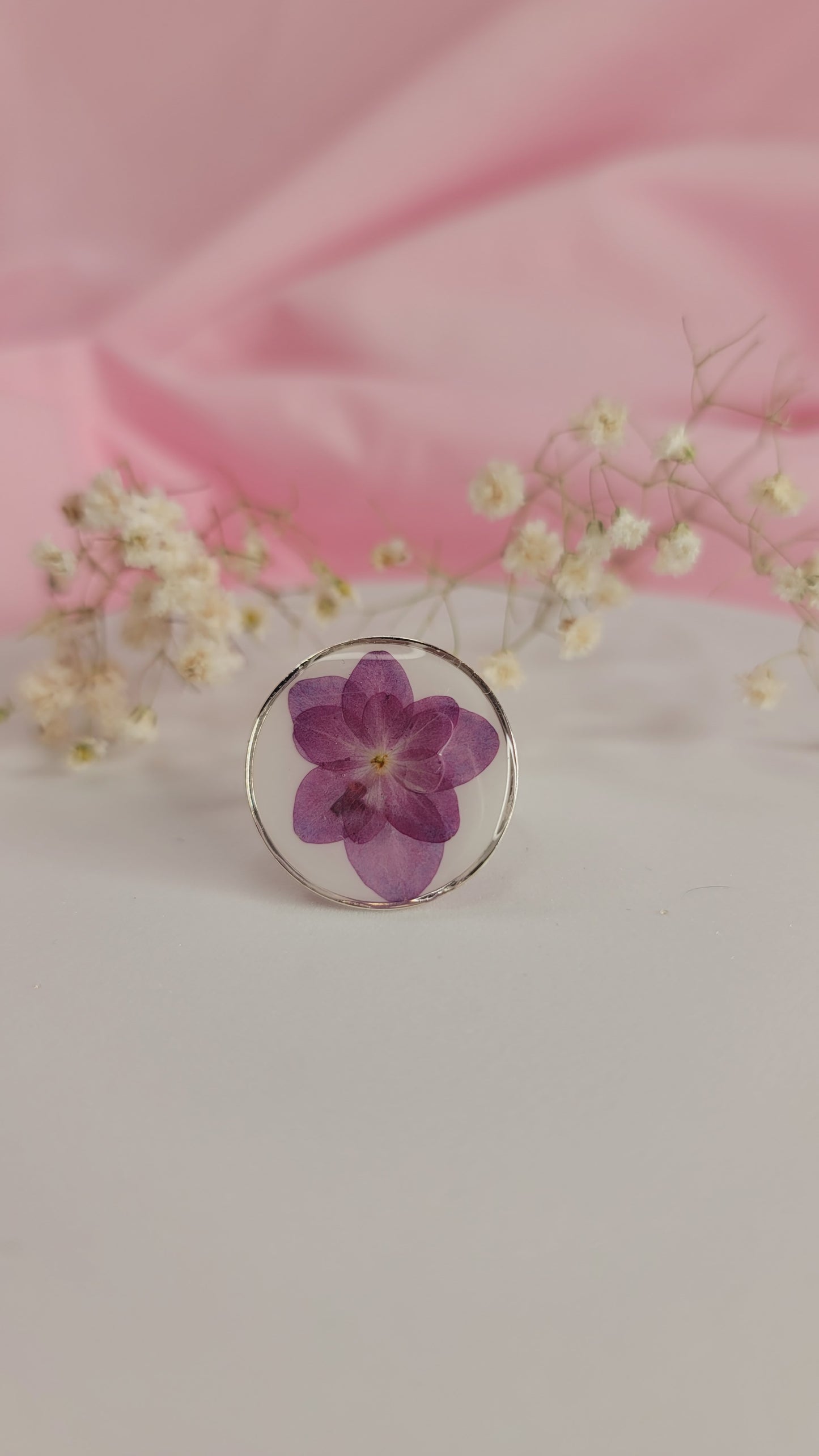 Enchanted Violet Flower Resin Ring Silver