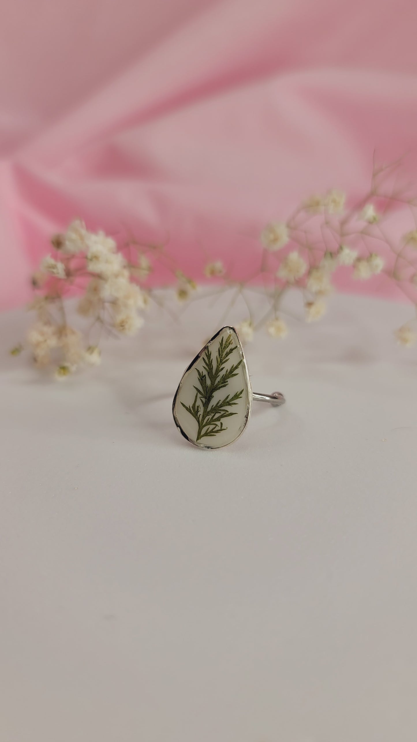Evergreen Fern Teardrop Resin Ring Silver