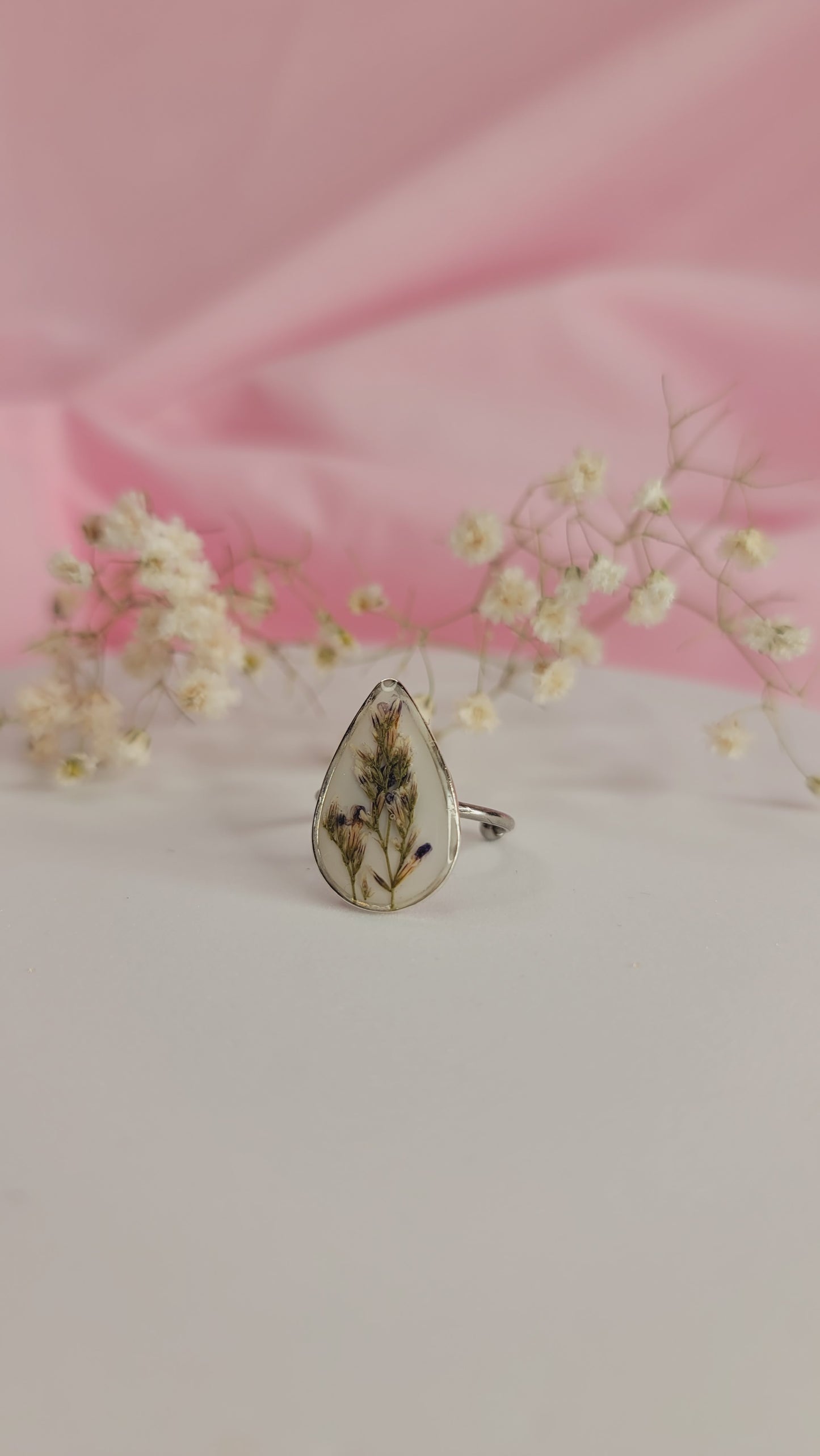 Lavender Meadow Teardrop Resin Ring Silver