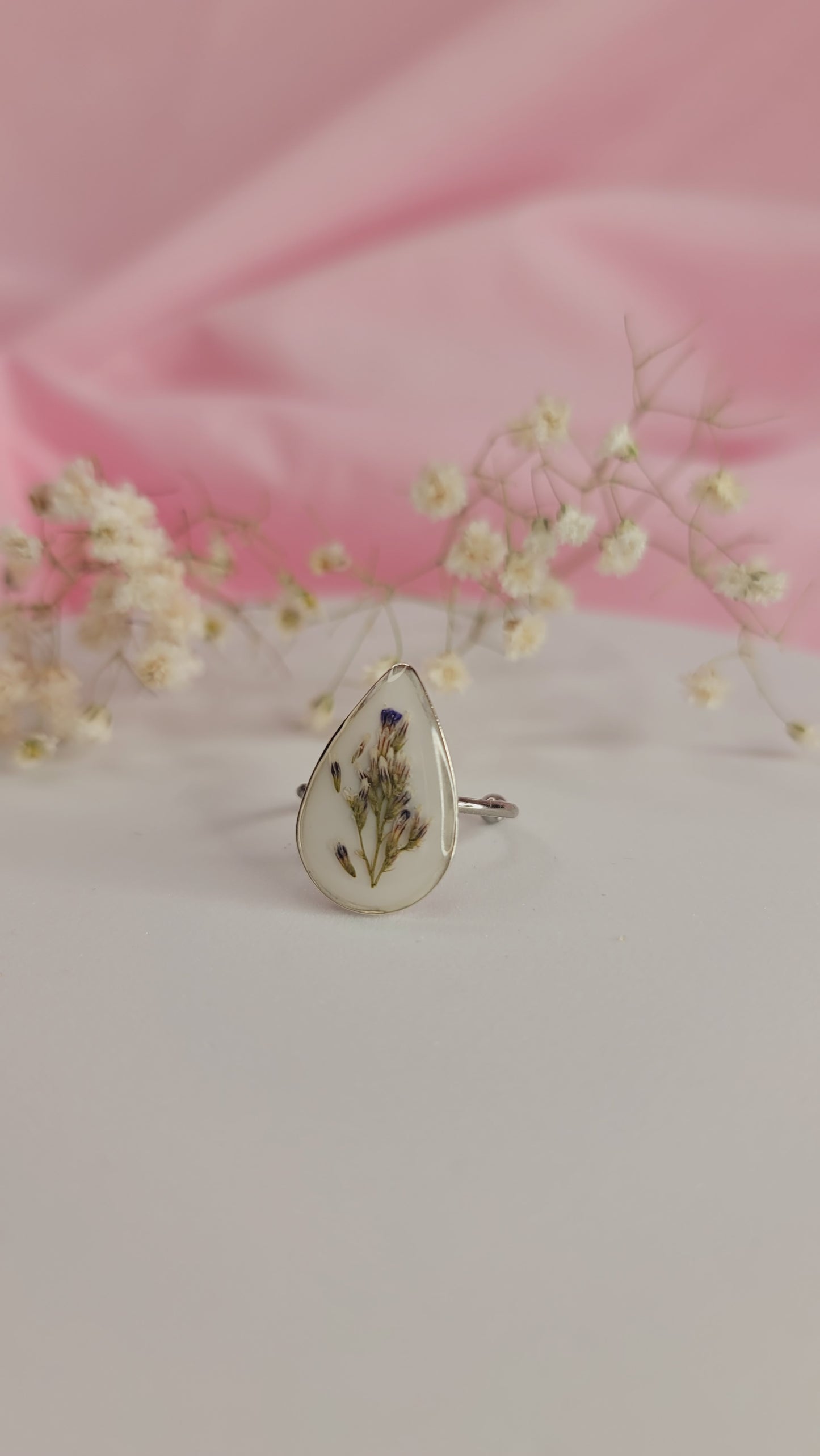 Lavender Meadow Teardrop Resin Ring Silver