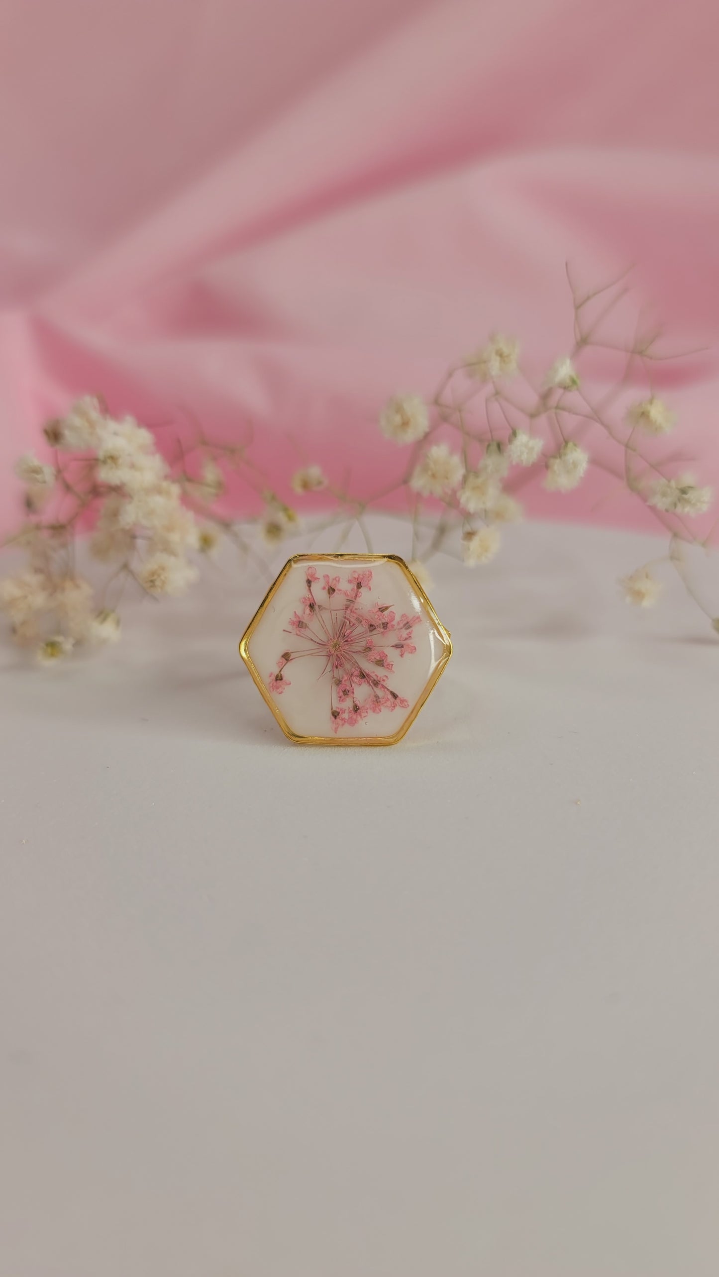 Blush Bloom Hexagon Resin Ring Gold
