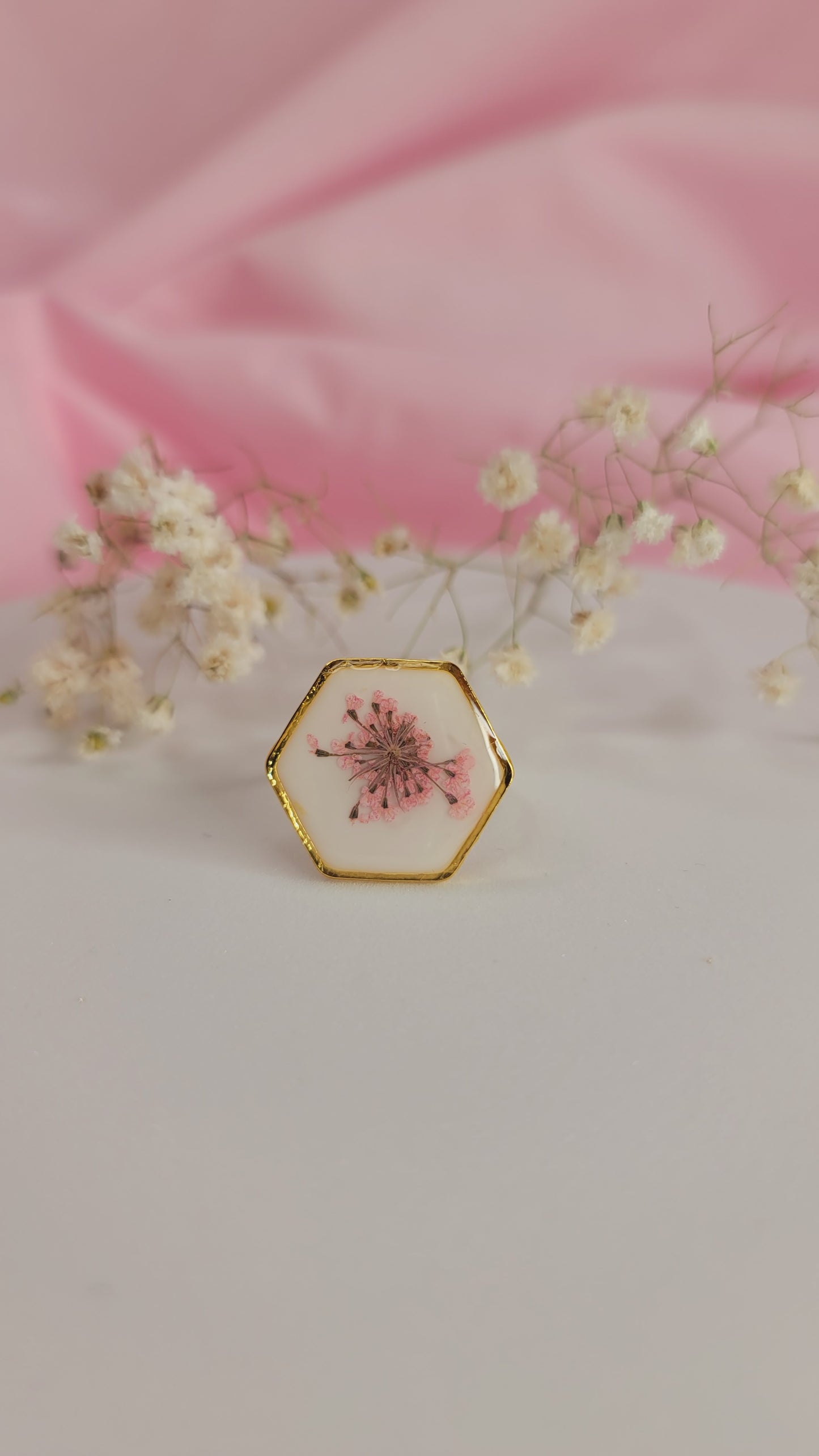 Blush Bloom Hexagon Resin Ring Gold