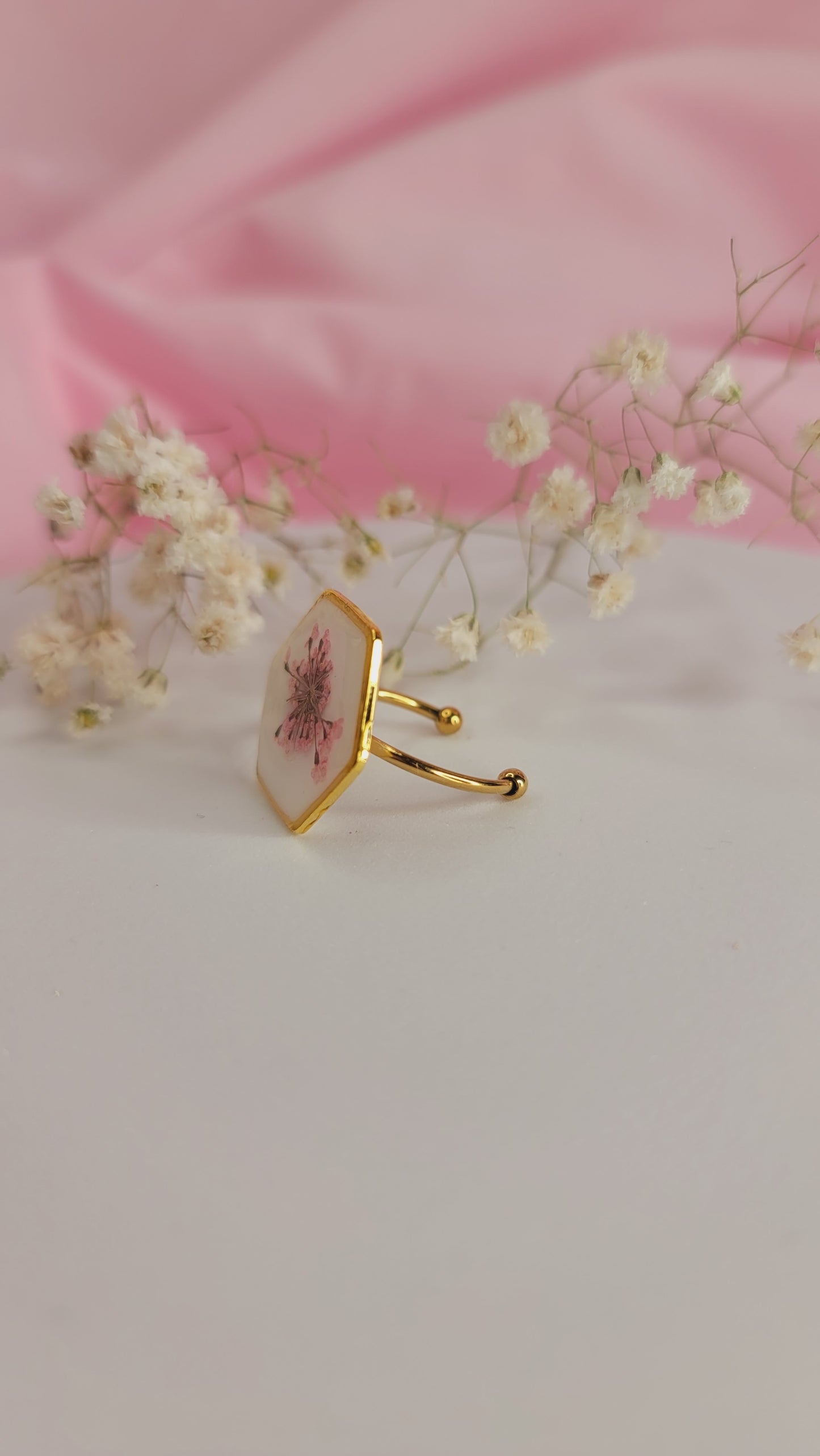 Blush Bloom Hexagon Resin Ring Gold