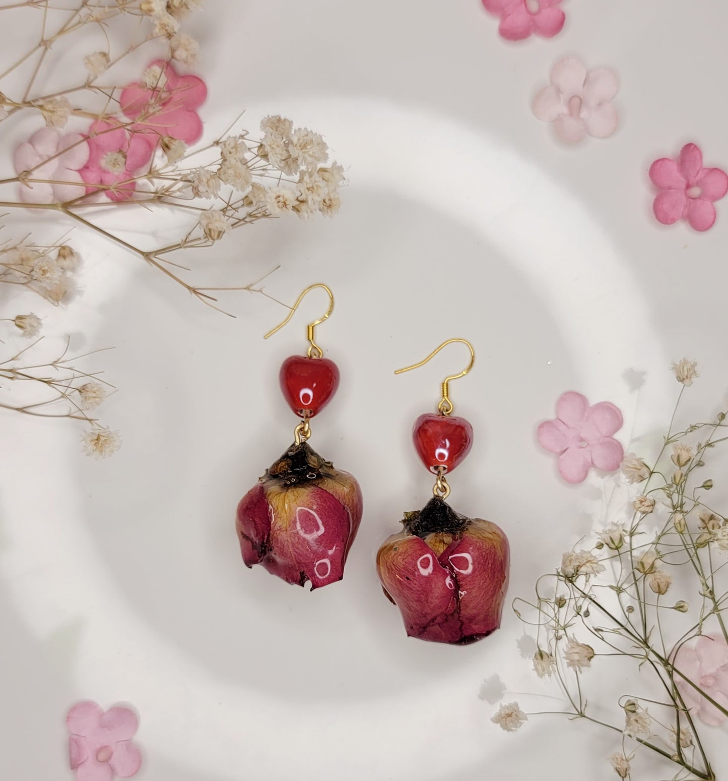 Dried Rose Heart Earrings