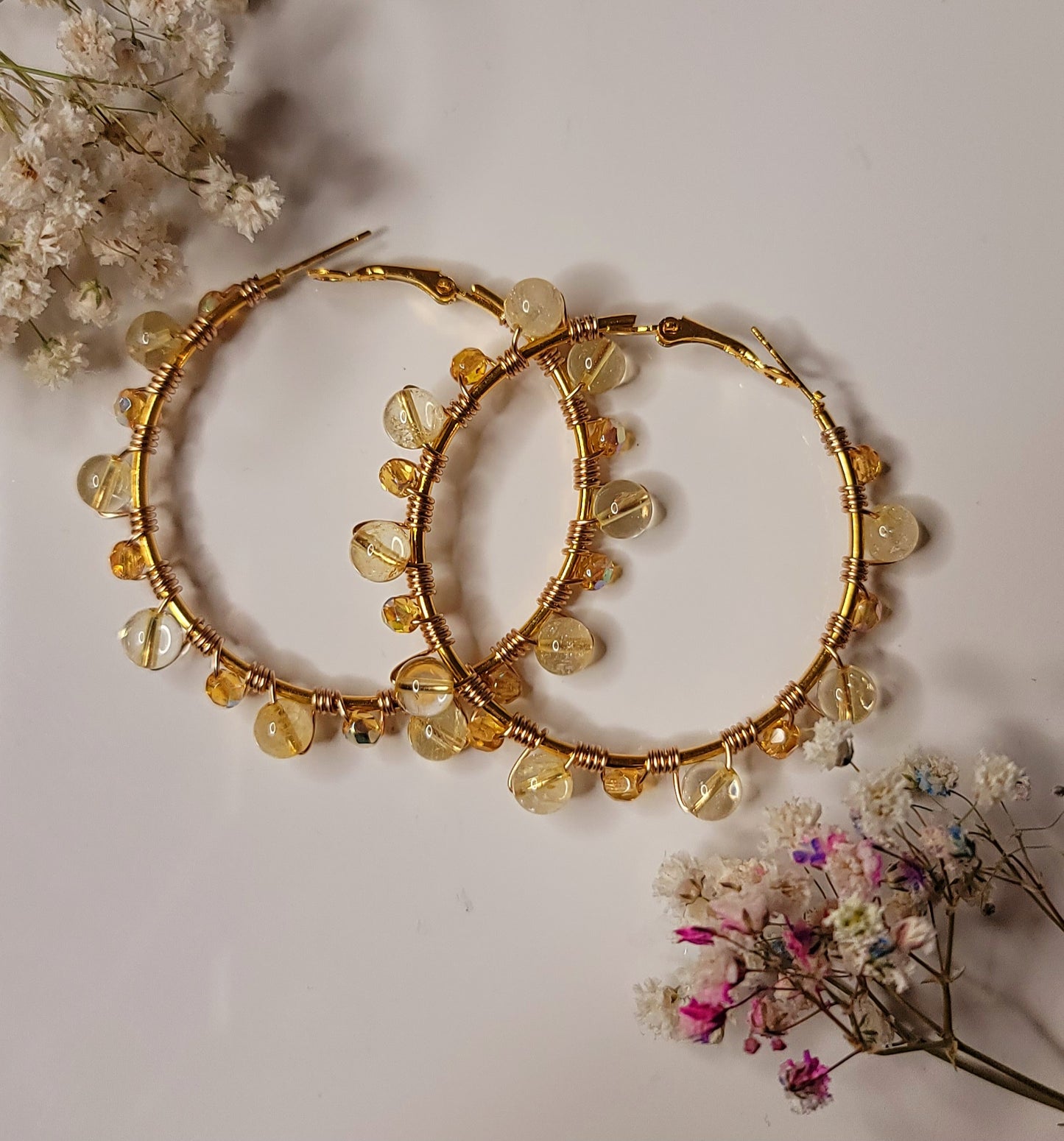 Gold Hoops with Citrine crystals