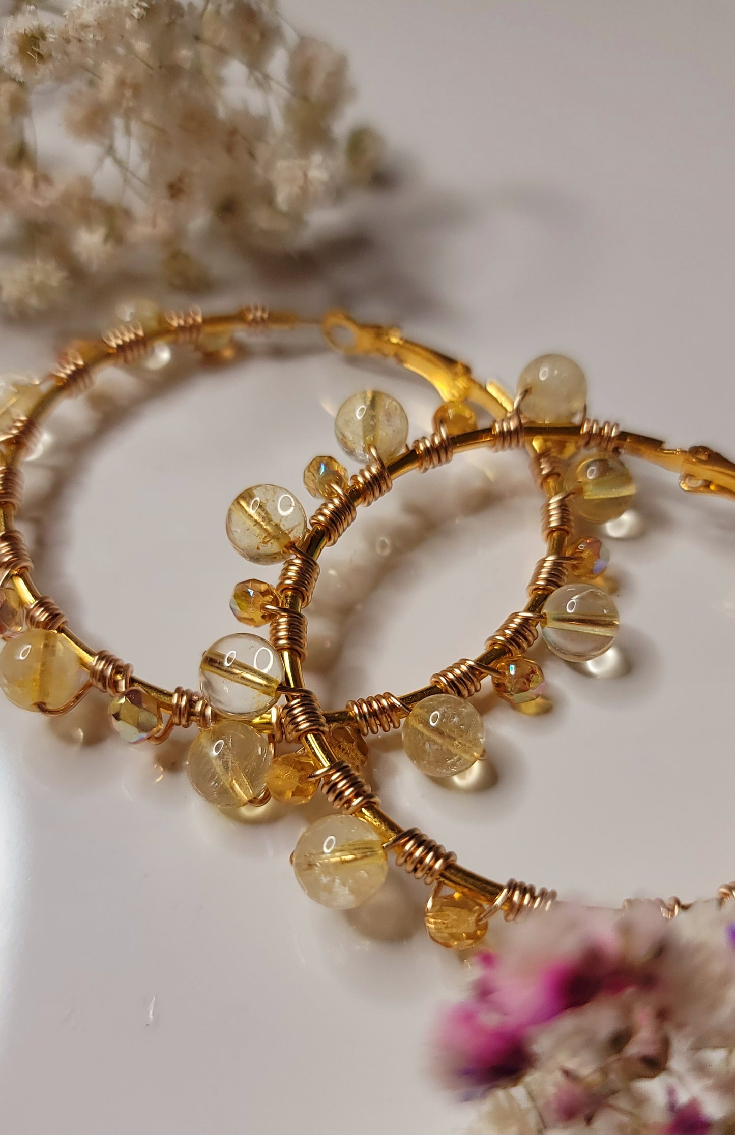 Gold Hoops with Citrine crystals