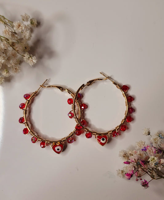 Gold Hoops with Red fire polish