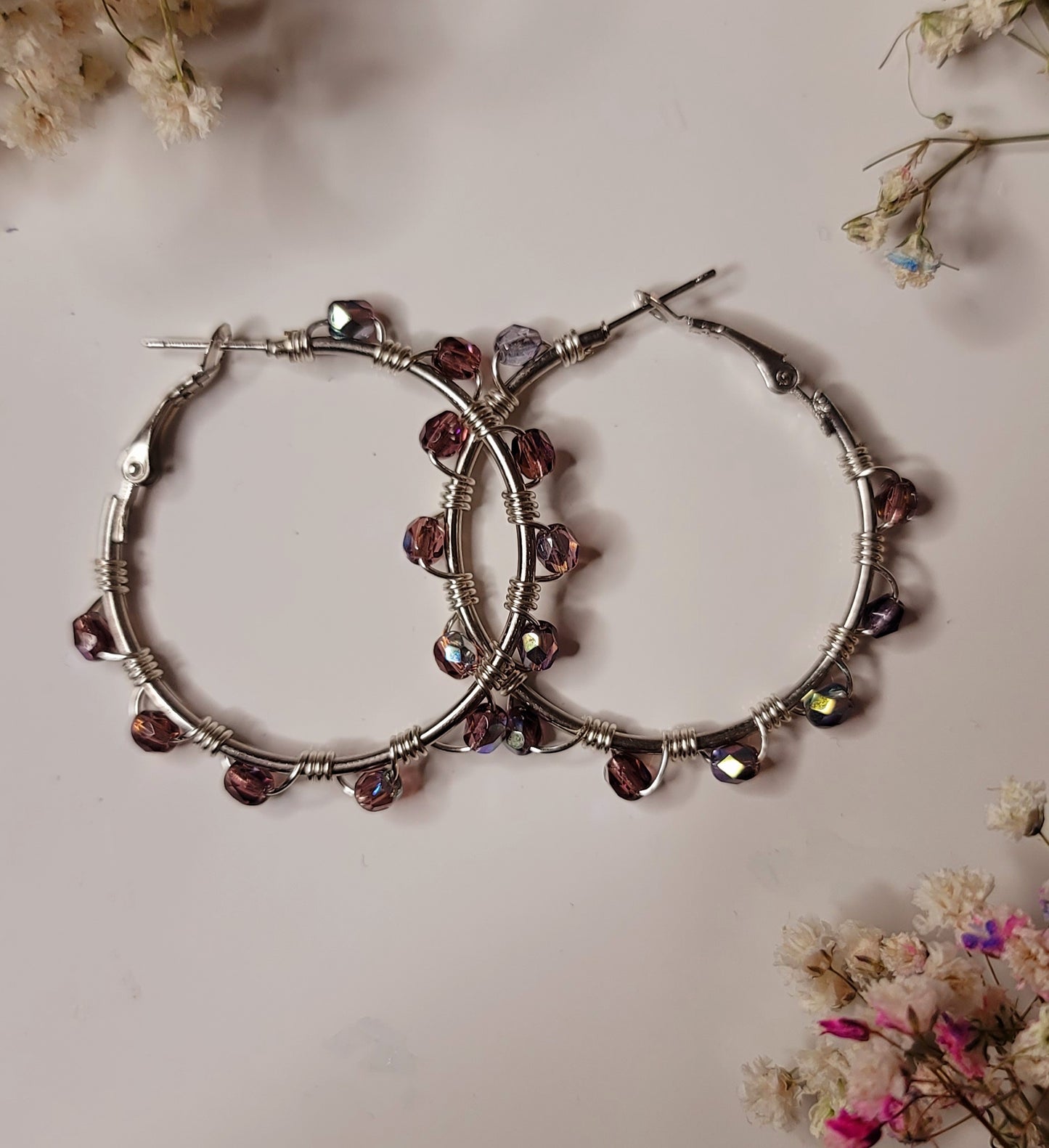 Silver Hoops with Purple fire Polish