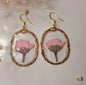 Gold-framed earrings with pink floral design on a light background