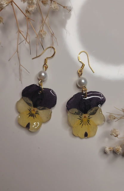 Golden Garden Pansy Pearl Drop Earrings – Yellow & Violet Botanical Jewelry
