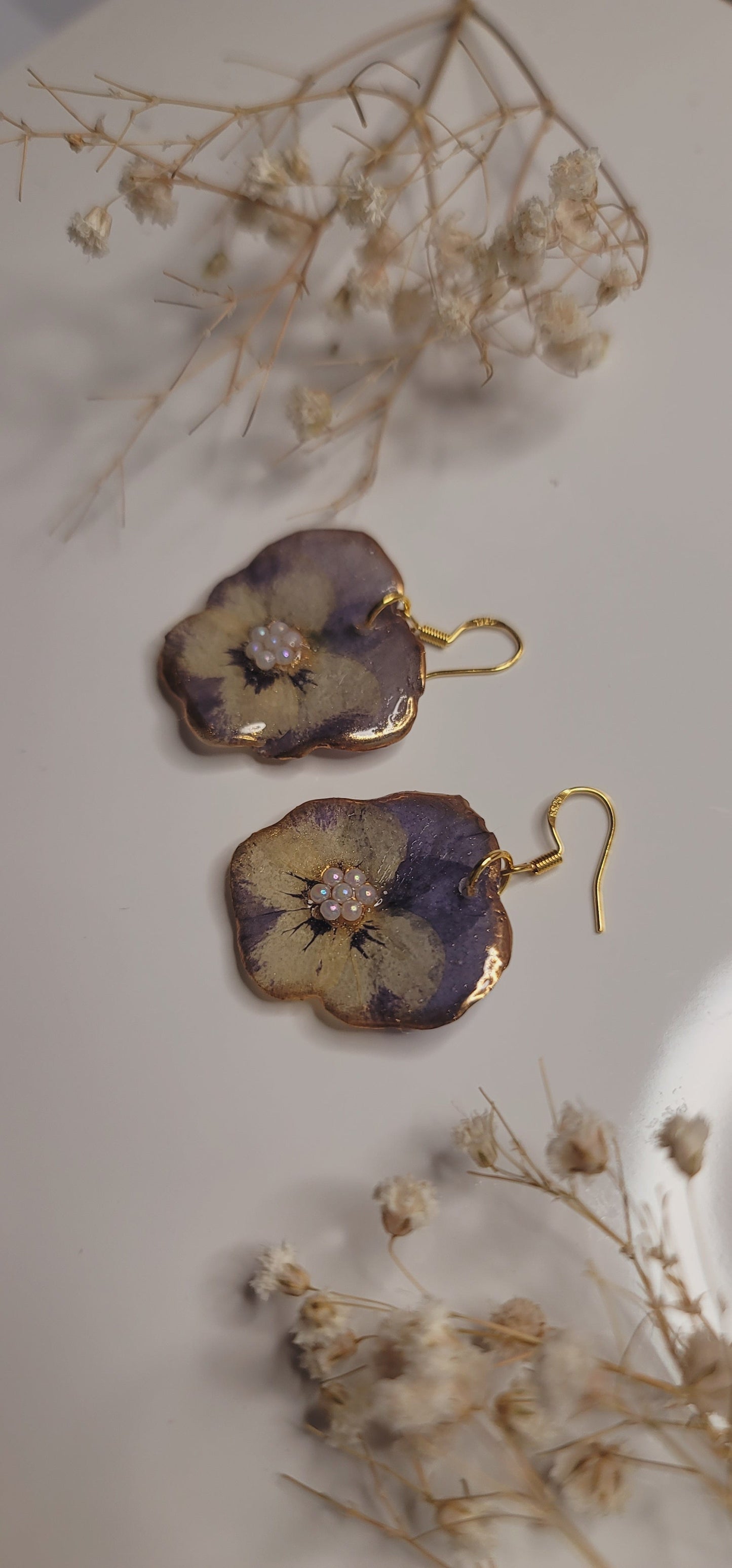 Royal Blush Pansy Earrings – Gold Trim Pearl Floral Jewelry