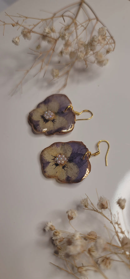 Royal Blush Pansy Earrings – Gold Trim Pearl Floral Jewelry