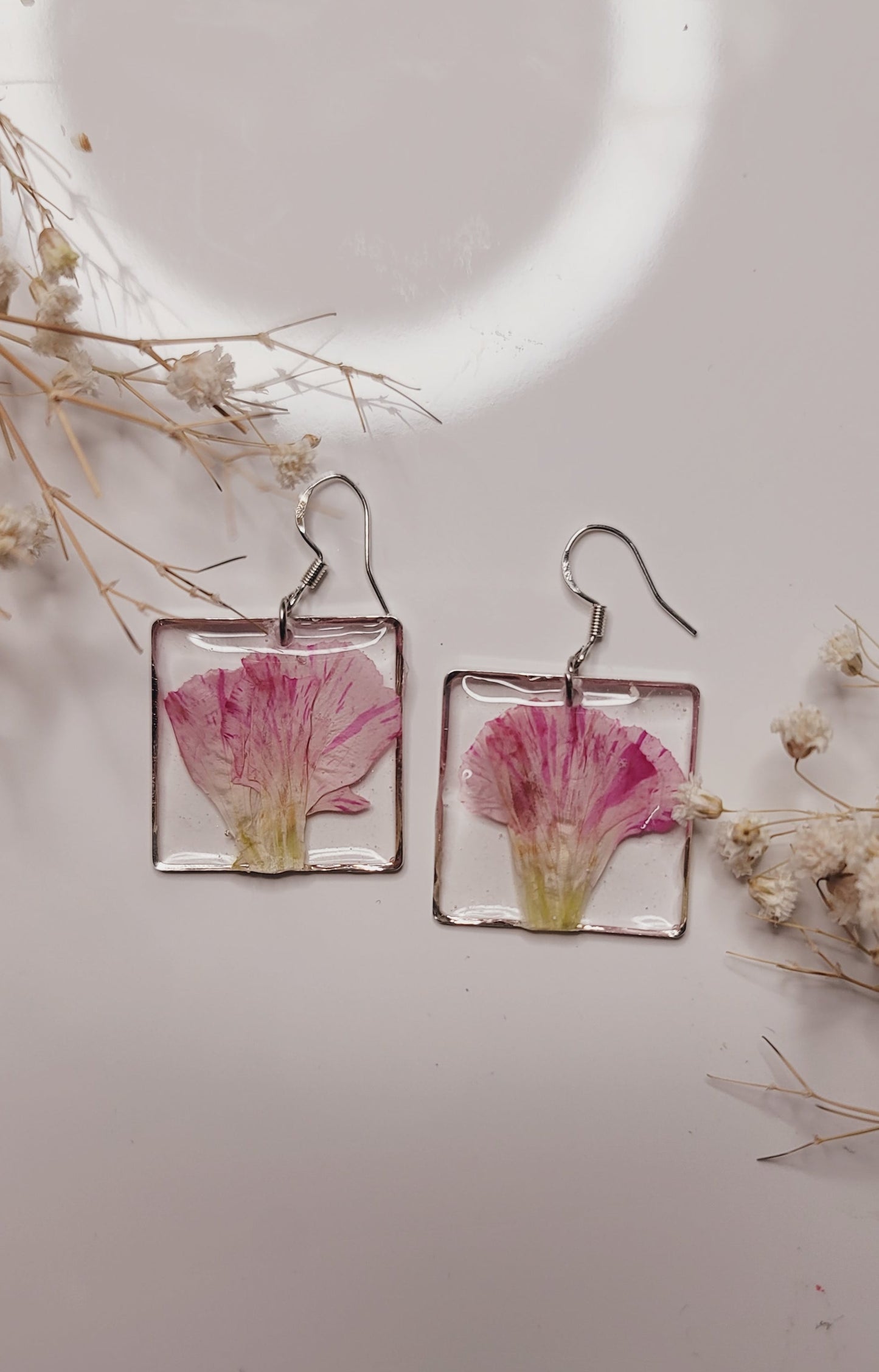 Blossom Frame Pressed Flower Earrings – Pink Floral Square Resin Drops
