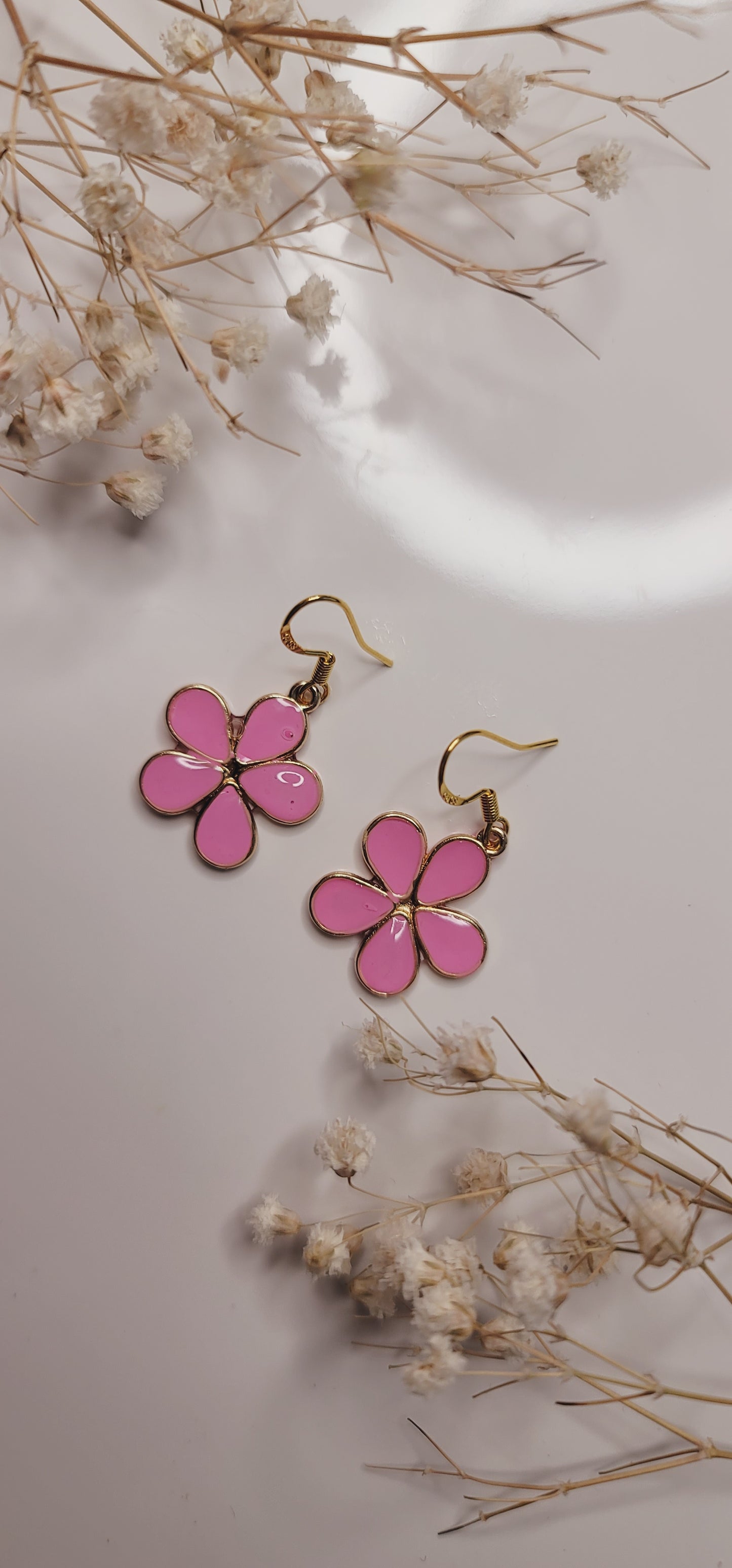 Pink Enamel Flower Earrings – Gold Floral Statement Drops