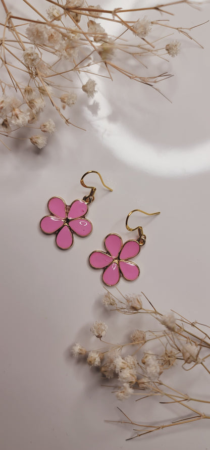 Pink Enamel Flower Earrings – Gold Floral Statement Drops