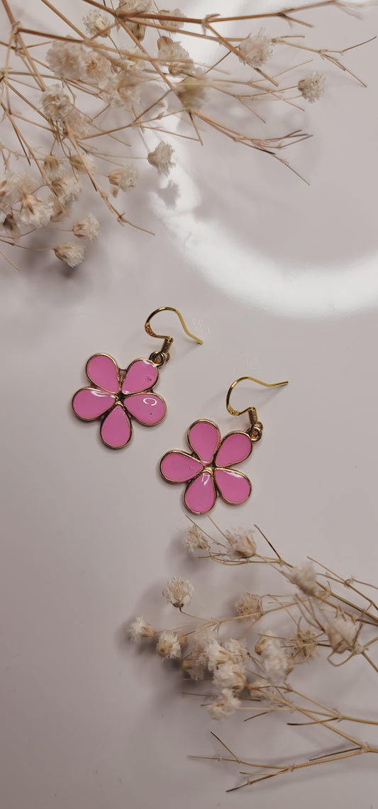 Pink Enamel Flower Earrings – Gold Floral Statement Drops