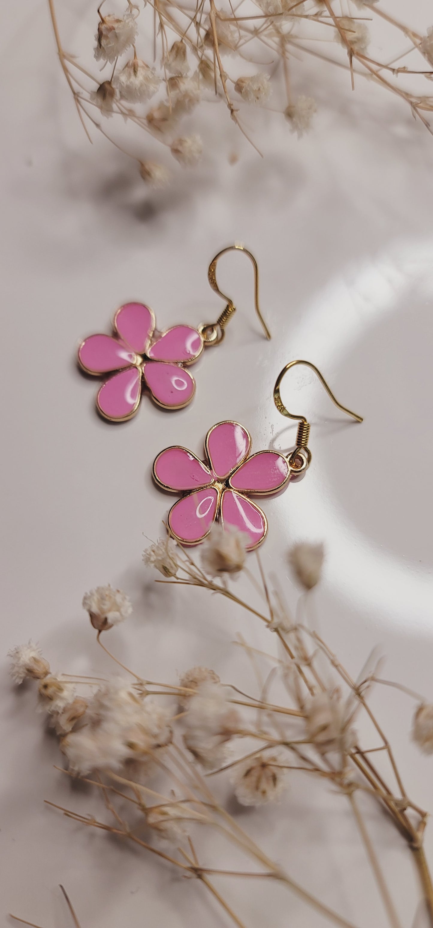 Pink Enamel Flower Earrings – Gold Floral Statement Drops
