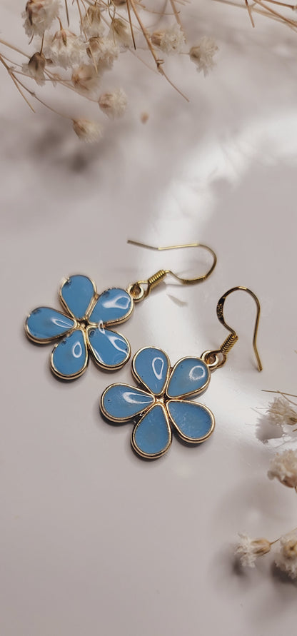 Blue Enamel Flower Drop Earrings – Gold Floral Statement Jewelry