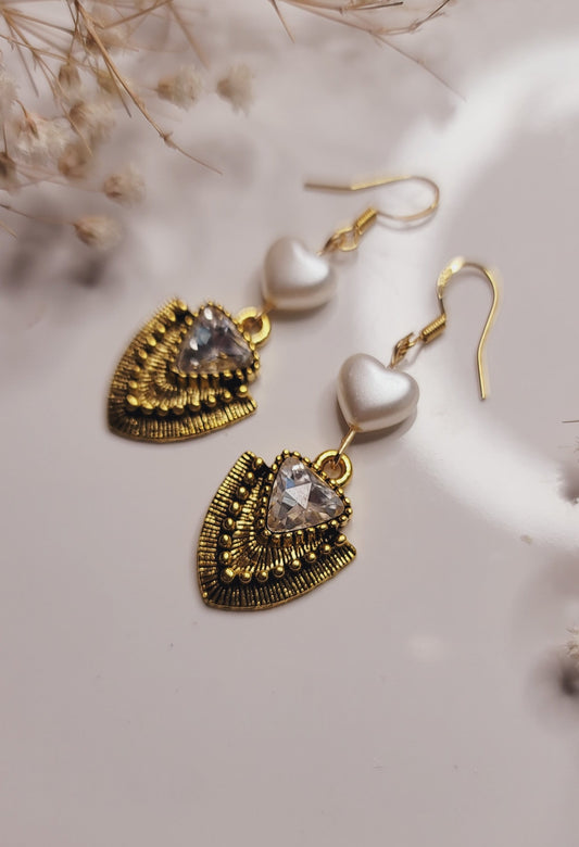 Vintage Heart Pearl & Crystal Earrings – Gold Romantic Statement Jewelry