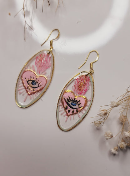 Hand-Painted Evil Eye Heart Earrings – Pink Protective Eye Gold Drop Jewelry