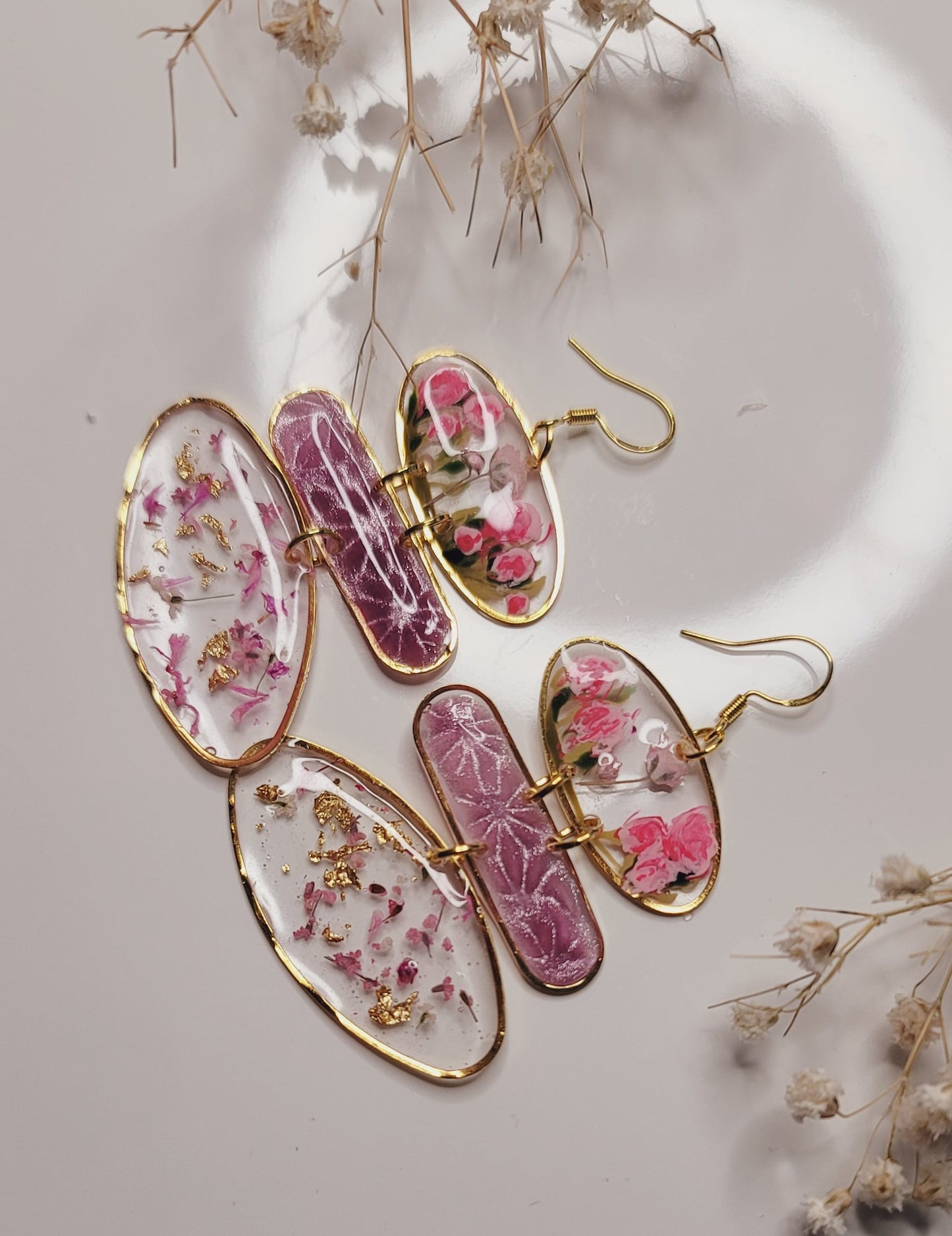 Hand-Painted Pink Marble Resin Earrings – Gold Statement Drop Jewelry