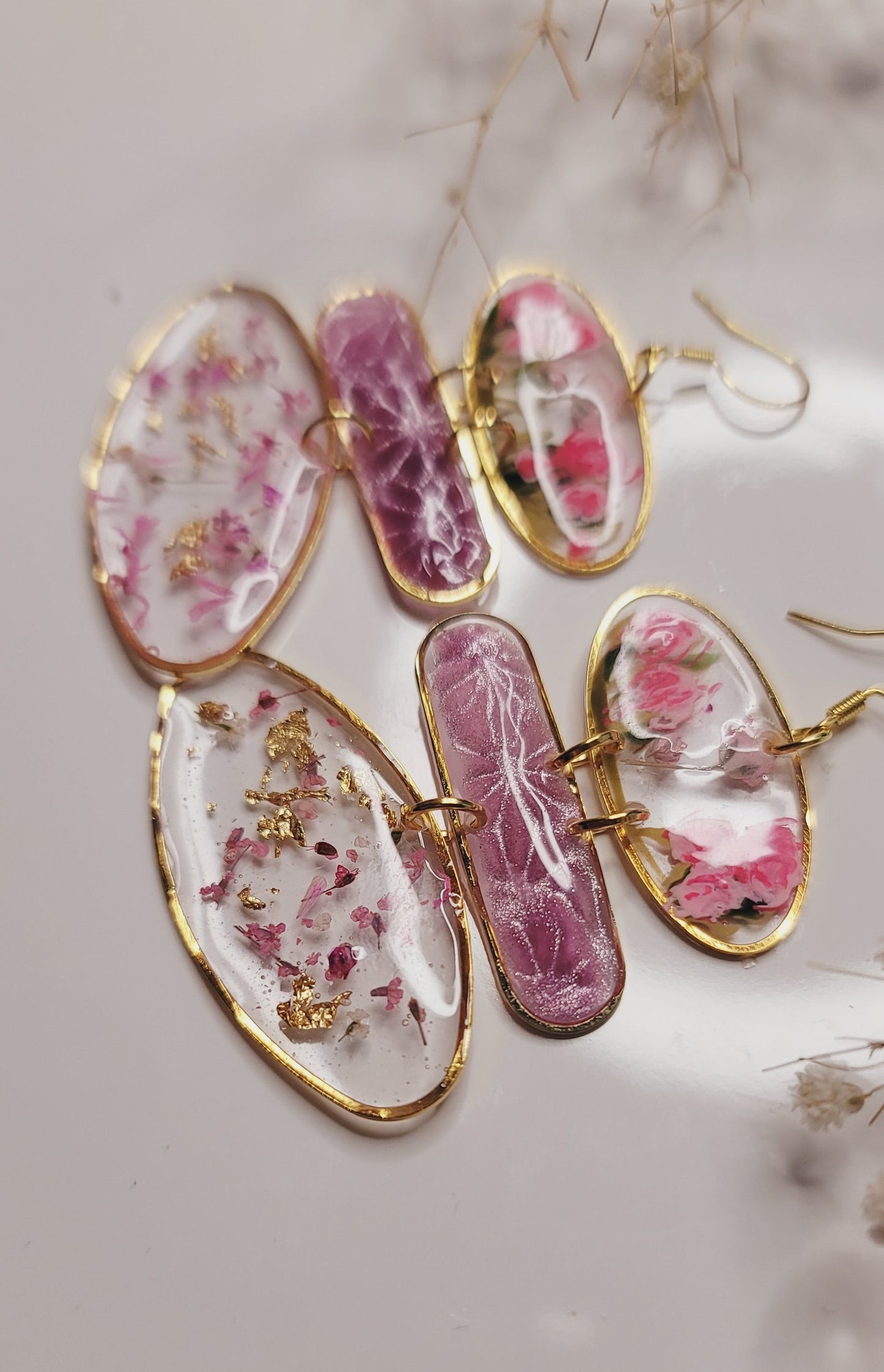 Hand-Painted Pink Marble Resin Earrings – Gold Statement Drop Jewelry
