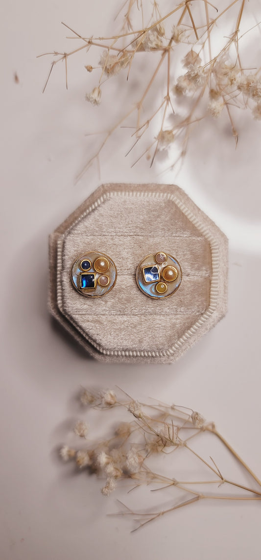 Blue Mosaic Gold Stud Earrings – Vintage Inspired Gemstone Cluster Studs
