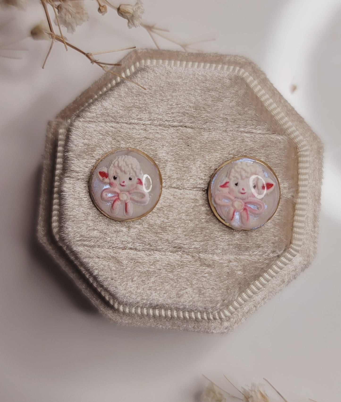 Lamb Bow Stud Earrings – Cute Sheep Handmade Gold Stud Jewelry